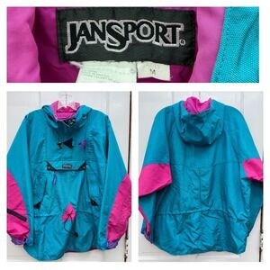 Vintage Jansport pullover 1/4 zip jacket w/ hood women's medium pink turquoise